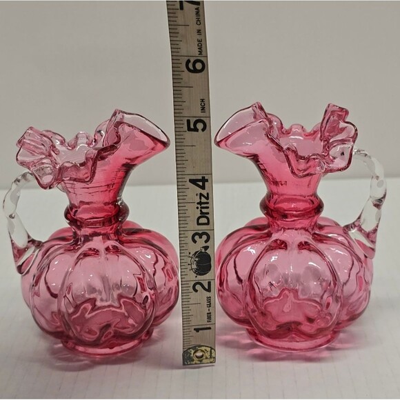 Vintage 60s Fenton Pitcher Vases Cranberry Glass Quilted Melon with Ruffled Edge - Picture 8 of 8